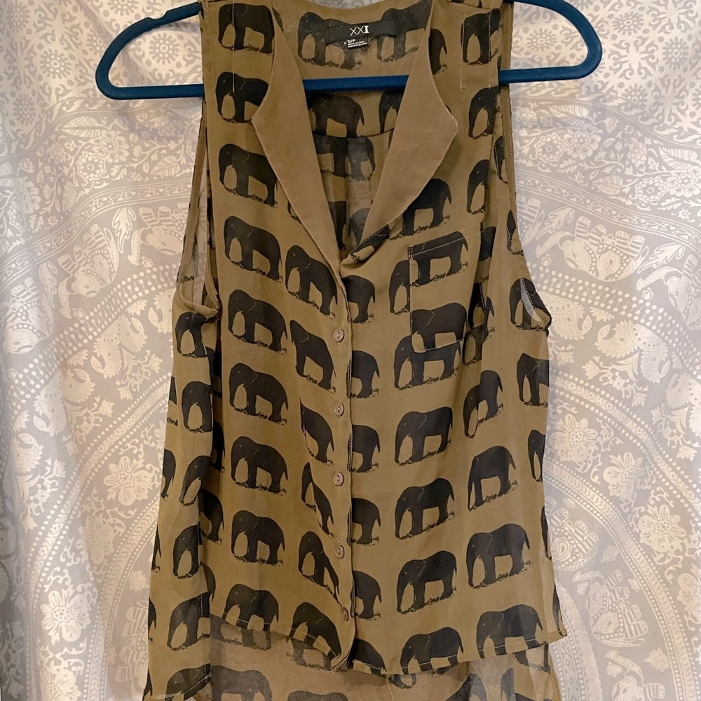 Elephant print collared tank top button down